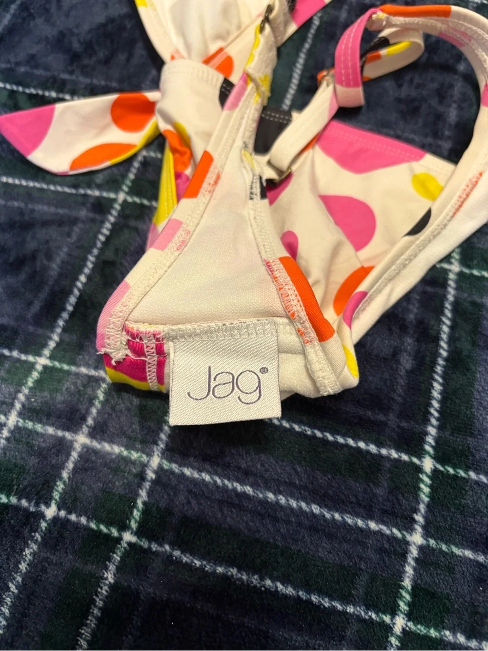 Y2K 2000s Jag Swimwear bikini top with multicolored polka dots